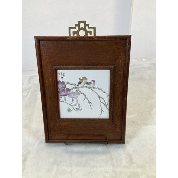 Vintage Signed Chinese Hand Painted Landscape Porcelain Tiles Birds Brass Hanger - Picture 10 of 10